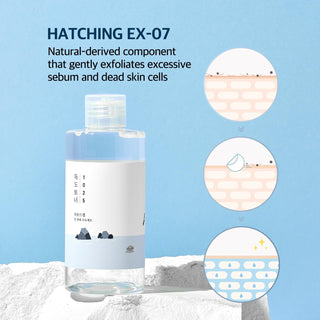 ROUND LAB's 1025 Dokdo Toner features HATCHING EX-07, a natural-derived component that gently exfoliates excessive sebum and dead skin cells.