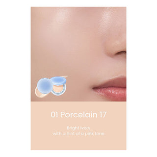 Close-up of a model's cheek with rom&nd's Bare Water Cushion Foundation SPF 38 PA++++ in 17C Porcelain applied. The shade appears as a bright ivory with a hint of pink tone.