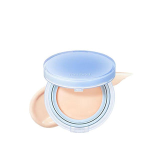 rom&nd's Bare Water Cushion Foundation SPF 38 PA++++ in the shade 17C Porcelain, featuring a round light blue compact and a swatch of the foundation color.