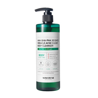 SOMEBYMI’s AHA BHA PHA 30 Days Miracle Body Cleanser in a bottle with a pump dispenser contains 10,000 ppm of tea tree. It improves skin texture, controls sebum, and cares for sensitive skin. Ideal for acne care, calming, and exfoliating, it uses AHA, BHA, and PHA to gently exfoliate dead skin cells and alleviate body acne with salicylic acid.