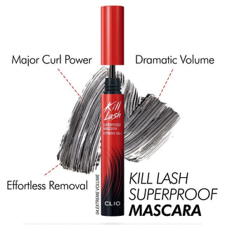 Benefits of CLIO's Kill Lash Superproof Mascara Extreme Volume highlight major curl power, dramatic volume, and effortless removal.