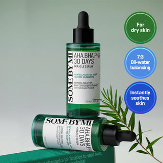 SOMEBYMI's AHA BHA PHA 30 Days Miracle Serum, formulated for dry skin, with a 7:3 oil-water balancing formula that instantly soothes and hydrates the skin.