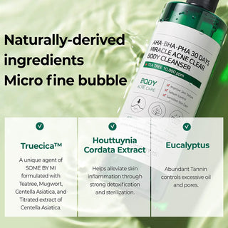 SOMEBYMI's AHA BHA PHA 30 Days Miracle Body Cleanser contains naturally-derived ingredients and features a micro-fine bubble formula. Truecica™ is a unique agent of Some By Mi, formulated with Tea Tree, Mugwort, Centella Asiatica, and Titrated Extract of Centella Asiatica. Houttuynia Cordata Extract helps alleviate skin inflammation through strong detoxification and sterilization, while Eucalyptus, abundant in Tannin, controls excessive oil and pores.