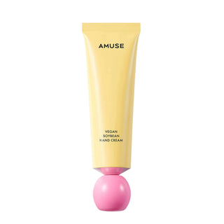 AMUSE's Vegan Soybean Hand Cream in Energy comes in a yellow squeeze tube with a pink screw-on cap.