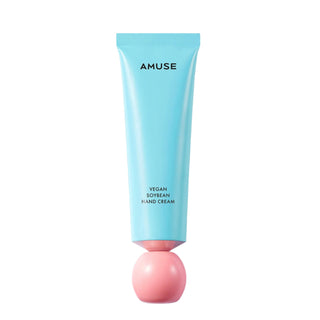 AMUSE's Vegan Soybean Hand Cream in Pleasure comes in a seafoam squeeze tube with a peachy screw-on cap.