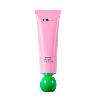 AMUSE's Vegan Soybean Hand Cream in Unstress comes in a pink squeeze tube with a green screw-on cap.