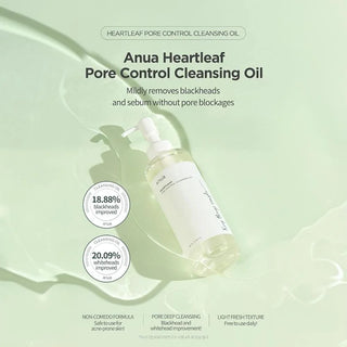 Anua's Heartleaf Pore Control Cleansing Oil provides a mild removal of blackheads and sebum without causing pore blockages. It features a non-comedo formula, making it safe for acne-prone skin. The product offers pore-deep cleansing, improving blackheads and whiteheads with 18.88% improvement in blackheads and 20.09% improvement in whiteheads. Its light, fresh texture allows for daily use.