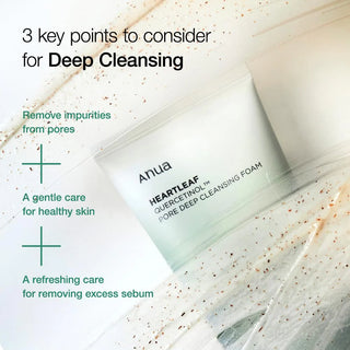 Anua's Heartleaf Quercetinol Pore Deep Cleansing Foam highlights three key points for deep cleansing: removes impurities from pores, provides gentle care for healthy skin, and offers refreshing care for removing excess sebum. The swatch of the product reveals a grainy texture.