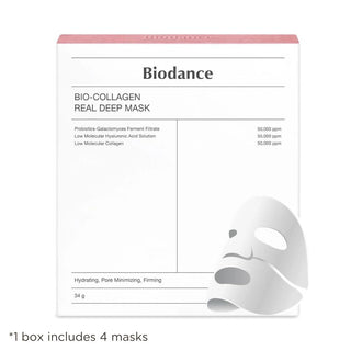 Biodance's Bio-Collagen Real Deep Mask comes in a white box with four masks, each weighing 34 g. The masks offer hydrating, pore-minimizing, and firming benefits.