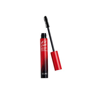 CLIO's Kill Lash Superproof Mascara Extreme Volume in a red and black tube. The open product reveals a straight wand with a red handle.