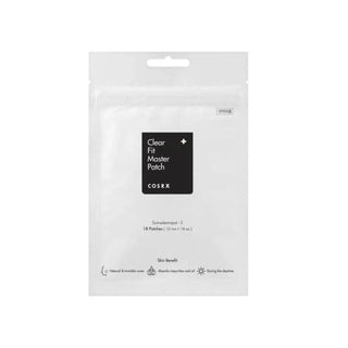 COSRX's Clear Fit Master Patch comes in a white pouch. It provides a natural and invisible cover, absorbs impurities and oil, and is suitable for use during the daytime. The pouch contains 18 patches, each 10mm in size.