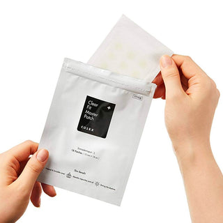 COSRX's Clear Fit Master Patches shown outside of the pouch. The patches appear invisible on the surface.