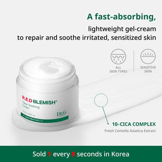 Dr. G's R.E.D Blemish Clear Soothing Cream is a fast-absorbing, lightweight gel-cream designed to repair and soothe irritated, sensitized skin. Suitable for all skin types, including sensitive skin, it features a 10-Cica complex with fresh Centella Asiatica extract. This product sells once every 8 seconds in Korea.