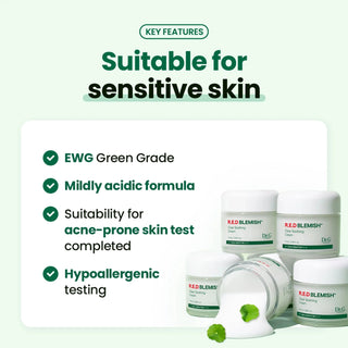 Dr. G's R.E.D Blemish Clear Soothing Cream is suitable for sensitive skin with an EWG green grade and a mildly acidic formula. It has completed suitability tests for acne-prone skin and hypoallergenic testing.