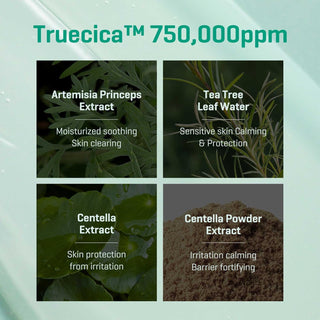 SOMEBYMI's AHA BHA PHA 14 Days Super Miracle Spot All Kill Cream contains 750,000 ppm of Truecica™. It also includes Artemisia Princeps Extract for moisturized soothing and skin clearing, Tea Tree Leaf Water for calming and protecting sensitive skin, Centella Extract for skin protection from irritation, and Centella Powder Extract for calming irritation and fortifying the barrier.