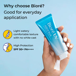 Biore's UV Aqua Rich Watery Essence Sunscreen SPF 50+ PA++++ is good for everyday application. It has a light, watery, comfortable texture with no white cast and offers high protection with SPF 50+ PA++++.