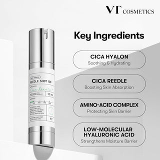 VT's Reedle Shot 100 highlights key ingredients: Cica Hyalon for soothing and hydrating, Cica Reedle for boosting skin absorption, Amino-Acid Complex for protecting the skin barrier, and Low-molecular Hyaluronic Acid for strengthening the moisture barrier.