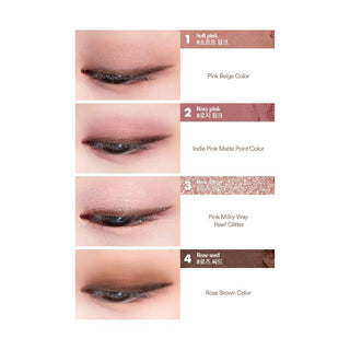 Four images showing shades from the 02 Dry Rose eyeshadow palette by rom&nd applied to the model’s eyelid, from top to bottom: Soft Pink, a pink beige color; Rosy Pink, an indie pink matte point color; Rose Filter, a pink milky way pearl glitter; and Rose Seed, a rose brown color.