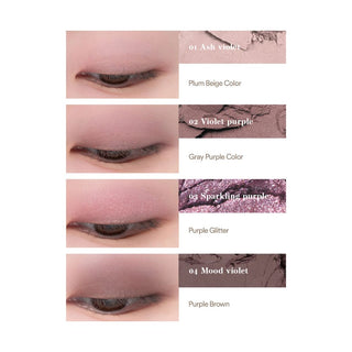 Four images showing shades from the 02 Dry Violet eyeshadow palette by rom&nd applied to the model’s eyelid, from top to bottom: Ash Violet, a plum beige color; Violet Purple, a gray purple color; Sparking Purple, a purple glitter; and Mood Violet, a purple brown. 