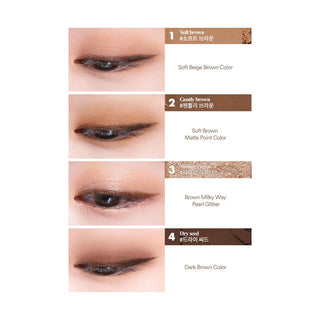 Four images showing shades from the 03 Dry Ragras eyeshadow palette by rom&nd applied to the model’s eyelid, from top to bottom: Soft Brown, a soft beige brown color; Gently Brown, a soft brown matte point color; Shining Ragras, a brown milky way pearl glitter; and Dry Seed, a dark brown color. 