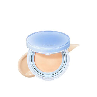 rom&nd's Bare Water Cushion Foundation SPF 38 PA++++ in the shade 21 Natural, featuring a round light blue compact and a swatch of the foundation color.