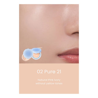 Close-up of a model's cheek with rom&nd's Bare Water Cushion Foundation SPF 38 PA++++ in the shade 21 Pure applied. The foundation appears as a natural pink ivory with no yellow tones.