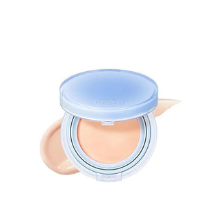 rom&nd's Bare Water Cushion Foundation SPF 38 PA++++ in the shade 21 Pure, featuring a round light blue compact and a swatch of the foundation color.