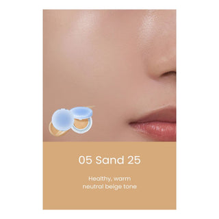 Close-up of a model's cheek with rom&nd's Bare Water Cushion Foundation SPF 38 PA++++ in the shade 25 Sand applied. The foundation appears as a healthy, warm neutral beige tone.