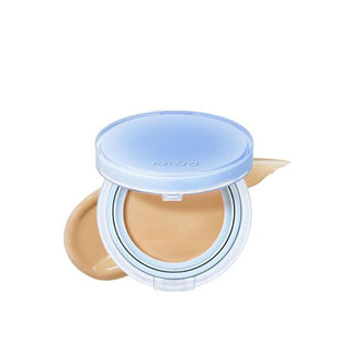 rom&nd's Bare Water Cushion Foundation SPF 38 PA++++ in the shade 25 Sand, featuring a round light blue compact and a swatch of the foundation color.