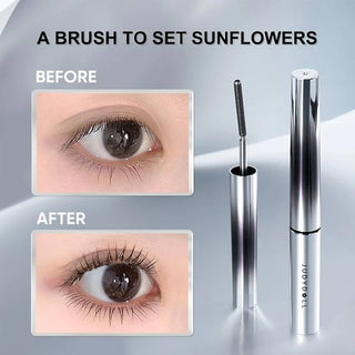 Close-up photos showing the difference before and after applying JUDYDOLL's 3D Curling Eyelash Iron Mascara Curly. The first image shows the model's eyes before use, while the second image shows the eyes after application, highlighting the mascara's effect.