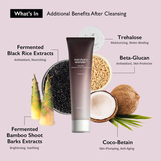 haruharu wonder's Black Rice Moisture 5.5 Soft Cleansing Gel contains key ingredients that offer a range of benefits. Fermented black rice extracts provide antioxidant and nourishing properties, while fermented bamboo shoot bark extract brightens and soothes the skin. Trehalose helps with moisturizing and water-binding, and beta-glucan acts as an antioxidant and skin protector. Coco-betaine contributes to skin-plumping and anti-aging effects.