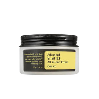 COSRX's Advanced Snail 92 All In One Cream in a 100 g jar. Formulated with 92% snail secretion filtrate (mucin), this cream helps naturally create the appealing glow of healthy skin.