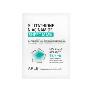 APLB's Glutathione Niacinamide Sheet Mask, featuring LIPO GLUTA NIAC CEN™ 13.7%, Nelumbo Nucifera Extract, Artemisia Annua Extract, Oryza Sativa (Rice) Extract, and Saccharomyces Ferment, moisturizes and brightens skin with mild ingredients for effective results.