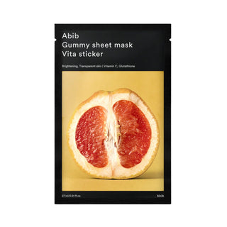 Abib's Gummy Sheet Mask Vita Sticker comes in a pouch. The mask helps brighten and promote transparent skin with the power of vitamin C and glutathione.