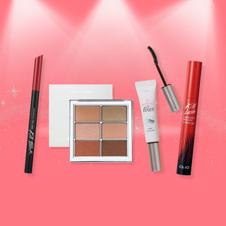 K-Drama Eye Kit by PlayLab Beauty curated by Vanessa and Jeanha includes Clio Superproof Pen Liner, Clio Kill Lash Super Proof Mascara Extreme Volume, rom&nd Better Than Eyes Eye Shadow Palette, and ETUDE Dr. Mascara Fixer For Super Longlash.