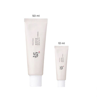 A comparison of the 50 ml bottle of Beauty of Joseon's Relief Sun Rice + Probiotics SPF 50+ PA++++ and the 10 ml bottle of the Relief Sun Mini Rice + Probiotics SPF 50+ PA++++.