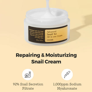 COSRX's Advanced Snail 92 All In One Cream is a repairing and moisturizing snail cream formulated with 92% snail secretion filtrate and 1,000 ppm of sodium hyaluronate.
