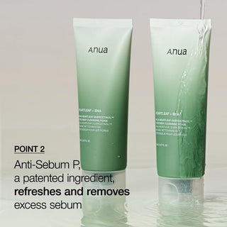 Anua's Heartleaf Quercetinol Pore Deep Cleansing Foam has Anti-Sebum P, a patented ingredient that refreshes and removes excess sebum. Water dripping over the product highlights its refreshing effect.