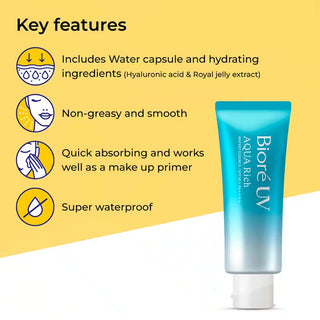 Biore's UV Aqua Rich Watery Essence Sunscreen SPF 50+ PA++++ key features include water capsule and hydrating ingredients such as hyaluronic acid and royal jelly extract. It is non-greasy and smooth, quick-absorbing, and works well as a makeup primer. It is also super waterproof.