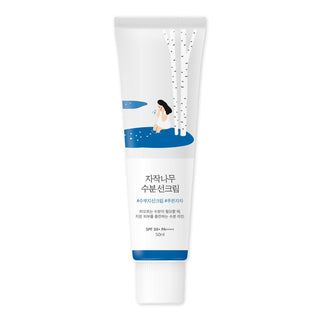 ROUND LAB's Birch Juice Moisturizing Sunscreen SPF 50+ PA++++ in a 50ml tube with blue accents and a white cap. The packaging features a sleek and modern design.