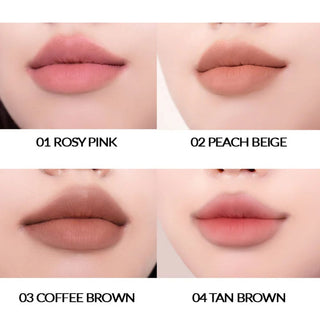 Collage of four close-up photos of models' lips with different colors of CLIO's Velvet Lip Pencil. From top left to bottom right: 01 Rosy Pink, 02 Peach Beige, 03 Coffee Brown, and 04 Tan Brown.