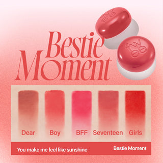 fwee’s Lip & Cheek Blurry Pudding Pot from the Bestie Moment Collection, featuring a reddish coral lid. The collection includes the colors CR01 Dear, CR02 Boy, CR03 BFF, CR04 Seventeen, and CR05 Girls, shown left to right.