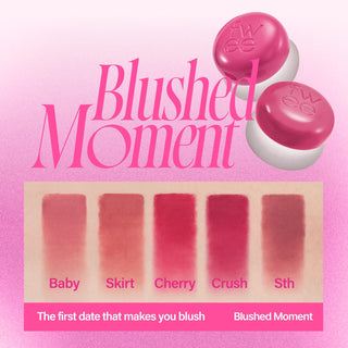 fwee’s Lip & Cheek Blurry Pudding Pot from the Blushed Moment Collection, featuring a pink lid. The collection includes the colors PK01 Baby, PK02 Skirt, PK03 Cherry, PK04 Crush, and PK05 Sth, shown left to right. 