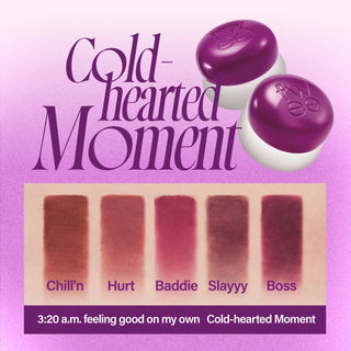 fwee’s Lip & Cheek Blurry Pudding Pot from the Cold-heart Moment Collection, featuring a purple lid. The collection includes the colors MV01 Chill'n, MV02 Hurt, MV03 Baddie, MV04 Slayyy, and MV05 Boss, shown left to right.