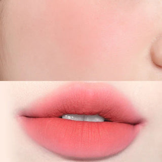 Close-up split image of a model’s cheek at the top and lips at the bottom, with CR04 Seventeen applied.