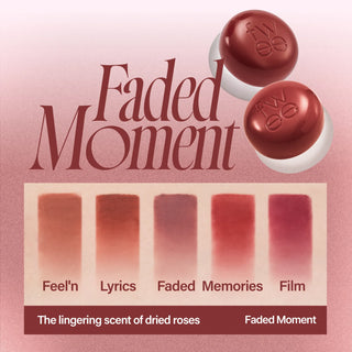 fwee’s Lip & Cheek Blurry Pudding Pot from the Faded Moment Collection, featuring a maroon lid. The collection includes the colors RS01 Feel'n, RS02 Lyrics, RS03 Faded, RS04 Memories, and RS05 Film, shown left to right.