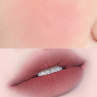 Close-up split image of a model’s cheek at the top and lips at the bottom, with MV02 Hurt applied.