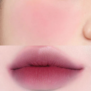 Close-up split image of a model’s cheek at the top and lips at the bottom, with MV03 Baddie applied.