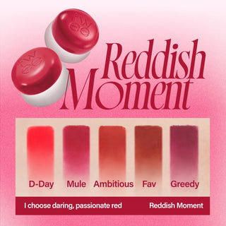 fwee’s Lip & Cheek Blurry Pudding Pot from the Bestie Moment Collection, featuring a red lid. The collection includes the colors RD01 D-Day, RD02 Mule, RD03 Ambitious, RD04 Fave, and RD05 Greedy, shown left to right.