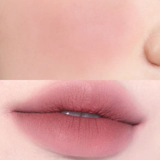 Close-up split image of a model’s cheek at the top and lips at the bottom, with RS03 Faded applied.